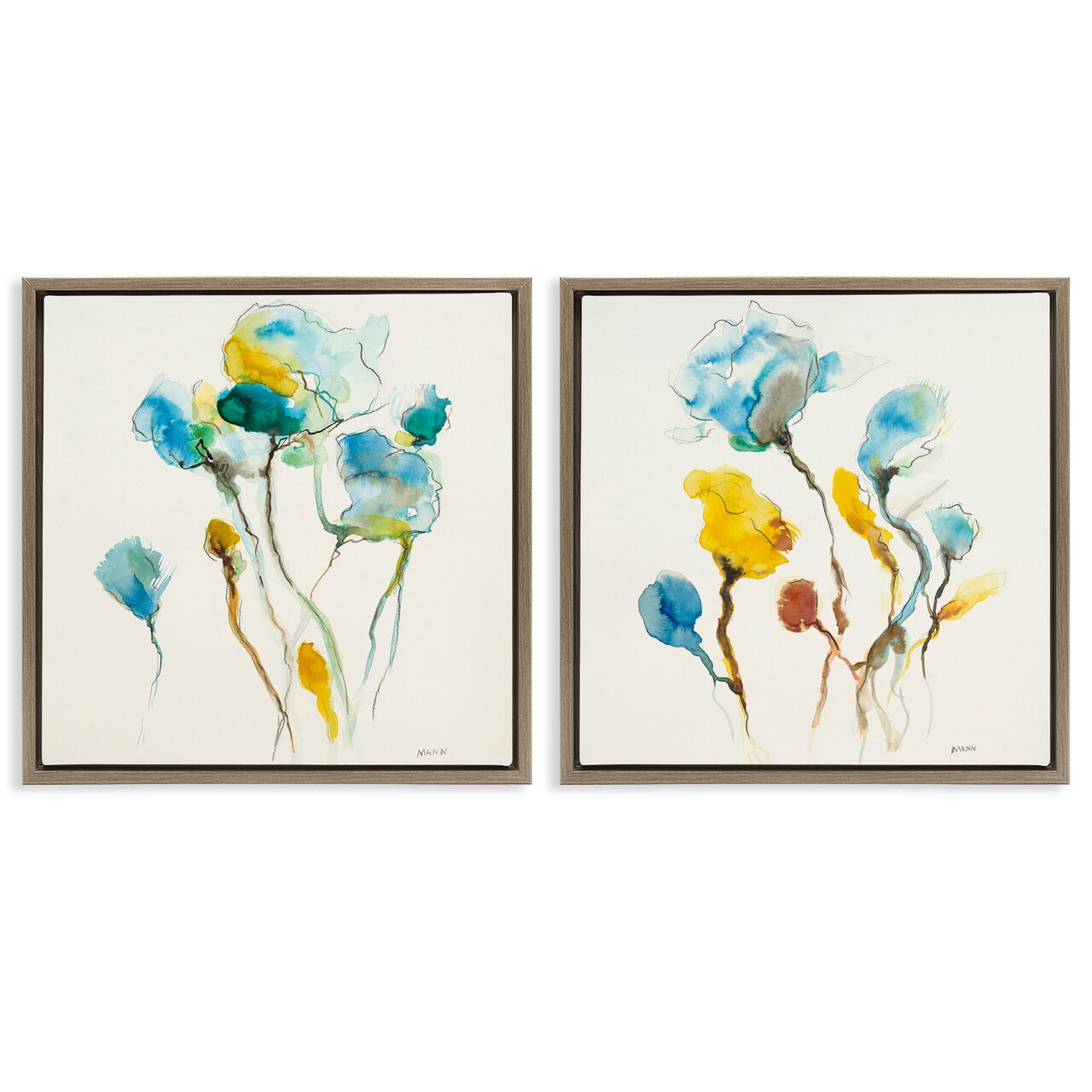 Stupell Industries Watercolor Teal & Yellow Flowers 2 pc Framed Floater Canvas Wall Art Set Design by Patti Mann